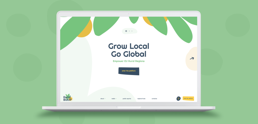 Image of the RuralBioUp European project website developed by LOBA, featuring an intuitive and appealing design, reflecting innovation and a focus on rural areas. Explore sustainable bioeconomic solutions and access the RuralSpot platform.